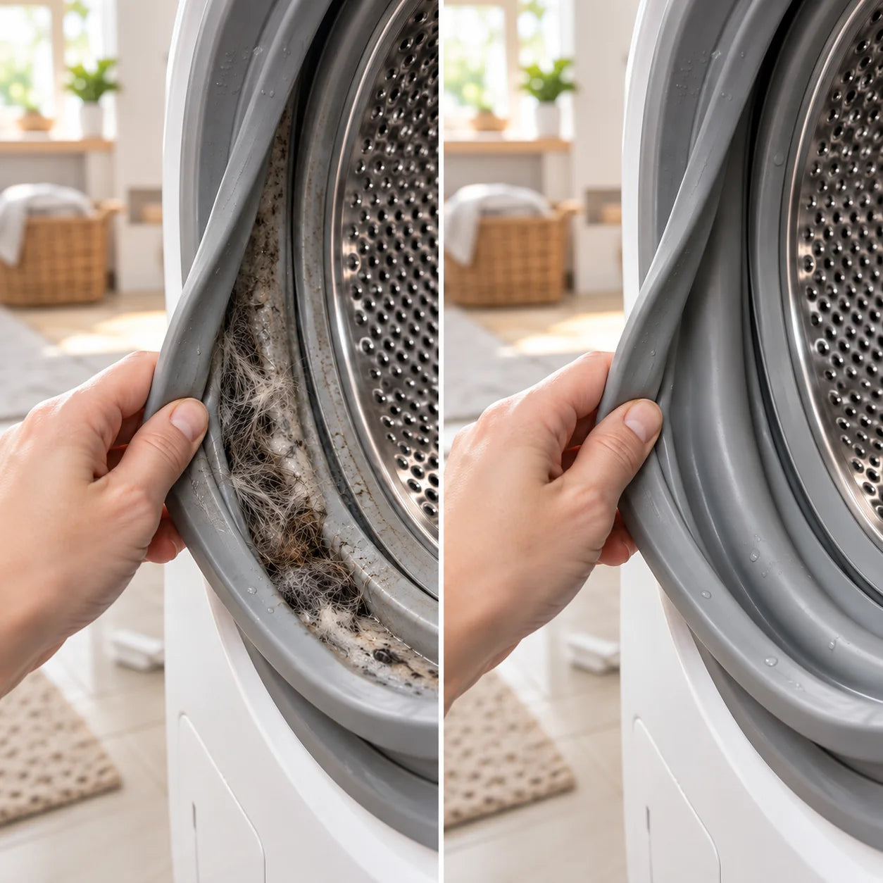 Side-by-side view of a washing machine door seal with trapped pet hair and a clean seal.