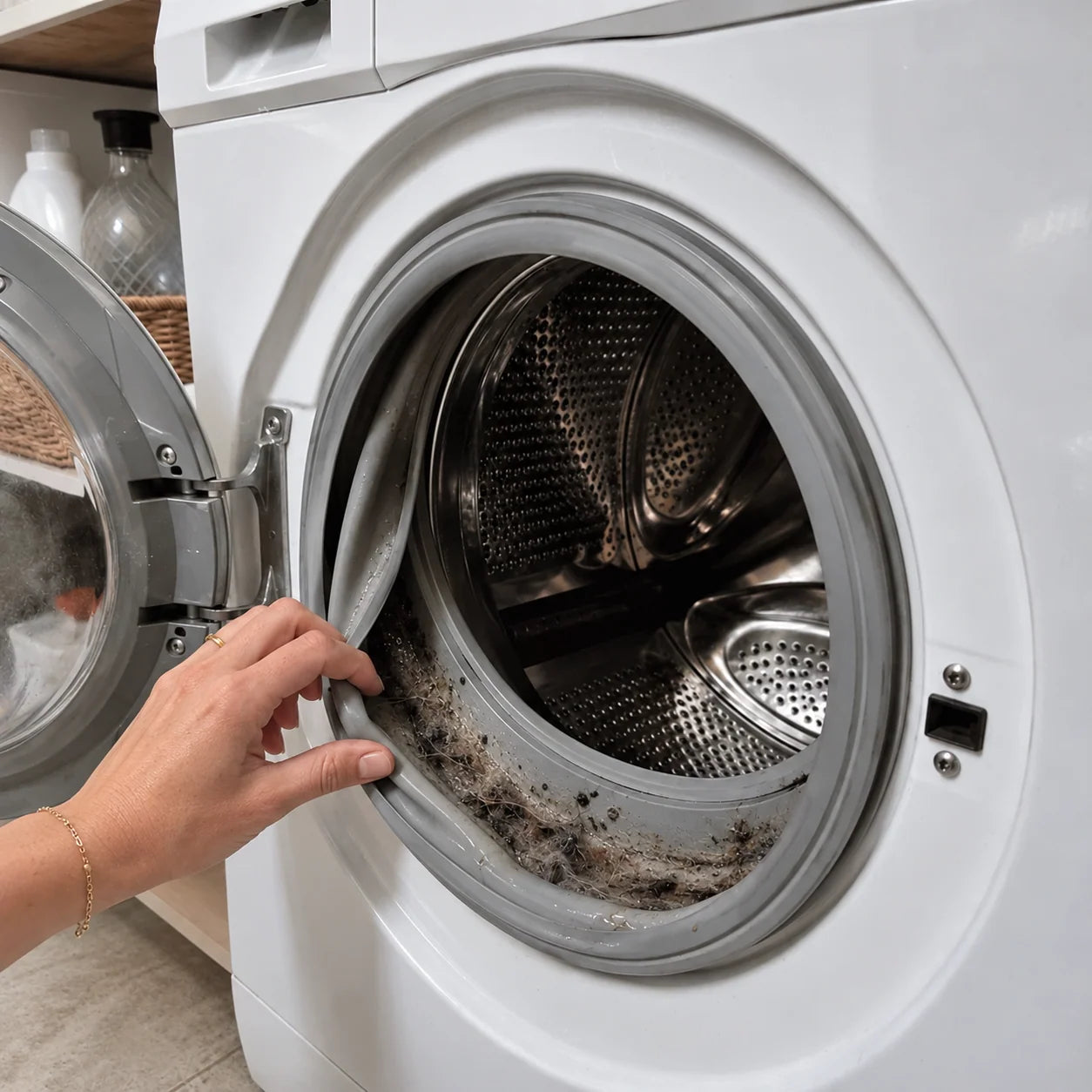 Pet hair and residue trapped inside a washing machine door seal.